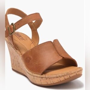 BORN Agnio Tan Leather Ankle Strap Cork Wedge Platform Sandal Size 11M